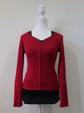 Streetwear Society Red Button Down Ribbed Cardigan Long Sleeve Top Medium